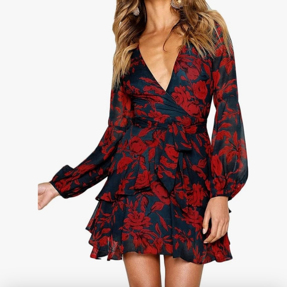 Uguest Red and Black Floral Mini Swing Dress New with Tags -S